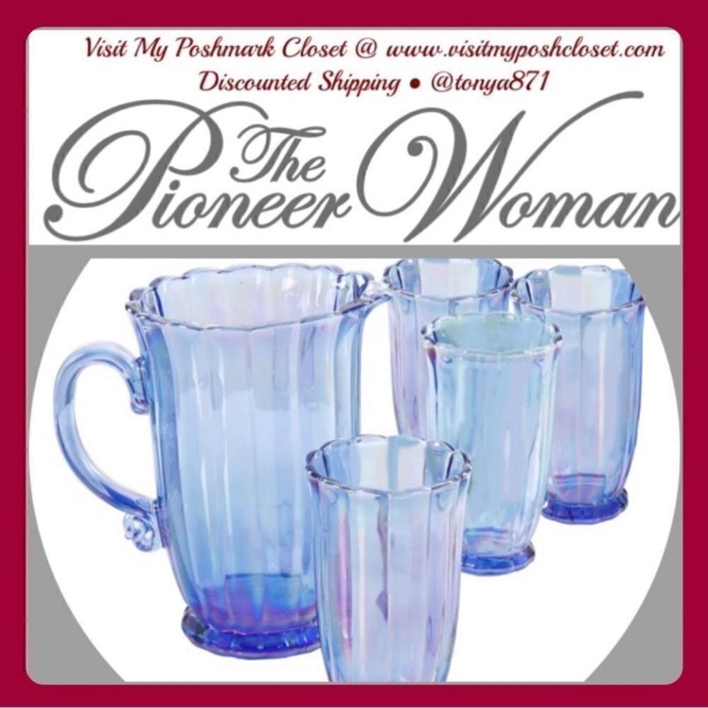 🦋 New Pioneer Woman Beautiful Blue Iridescent Pitcher & 4 Glass Tumblers, Blue